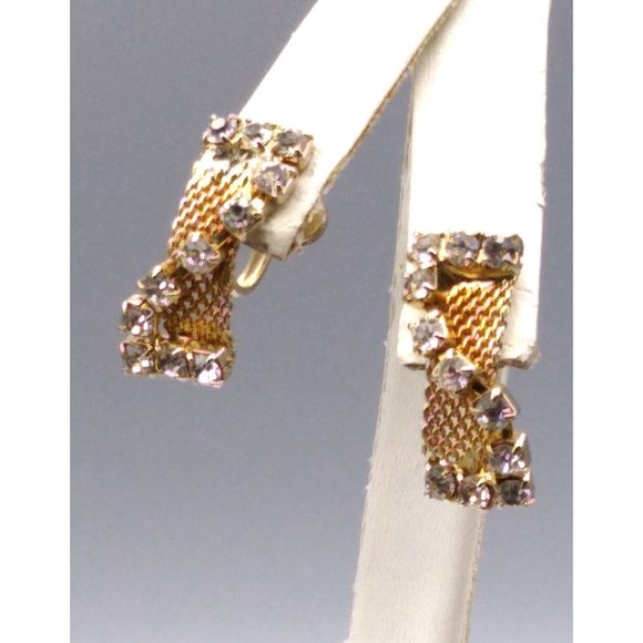 Vintage Mesh Earrings With Crystal Channel Overlay, Sparkly Retro Gold Tone - Picture 3 of 4